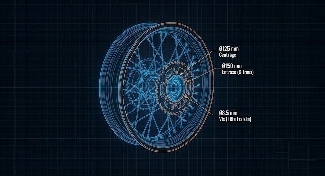Plan technique 3D moyeu arrière avec cotes de couronne